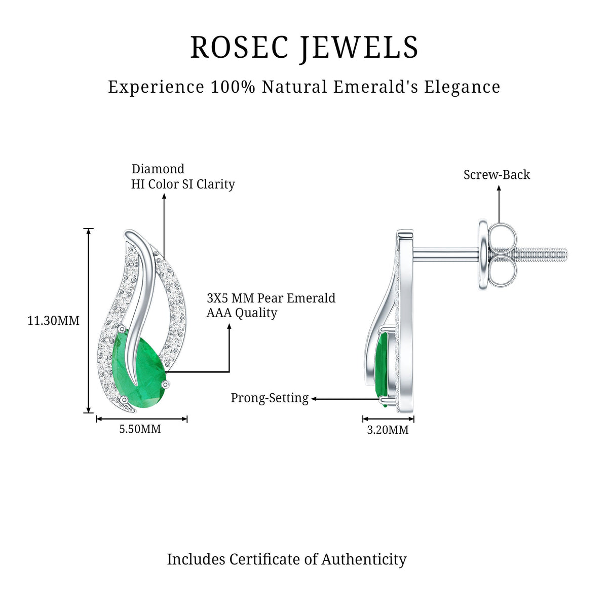 Genuine emerald leaf earrings with diamond accents from Rosec Jewels, featuring detailed emerald leaf design and sparkling diamonds.