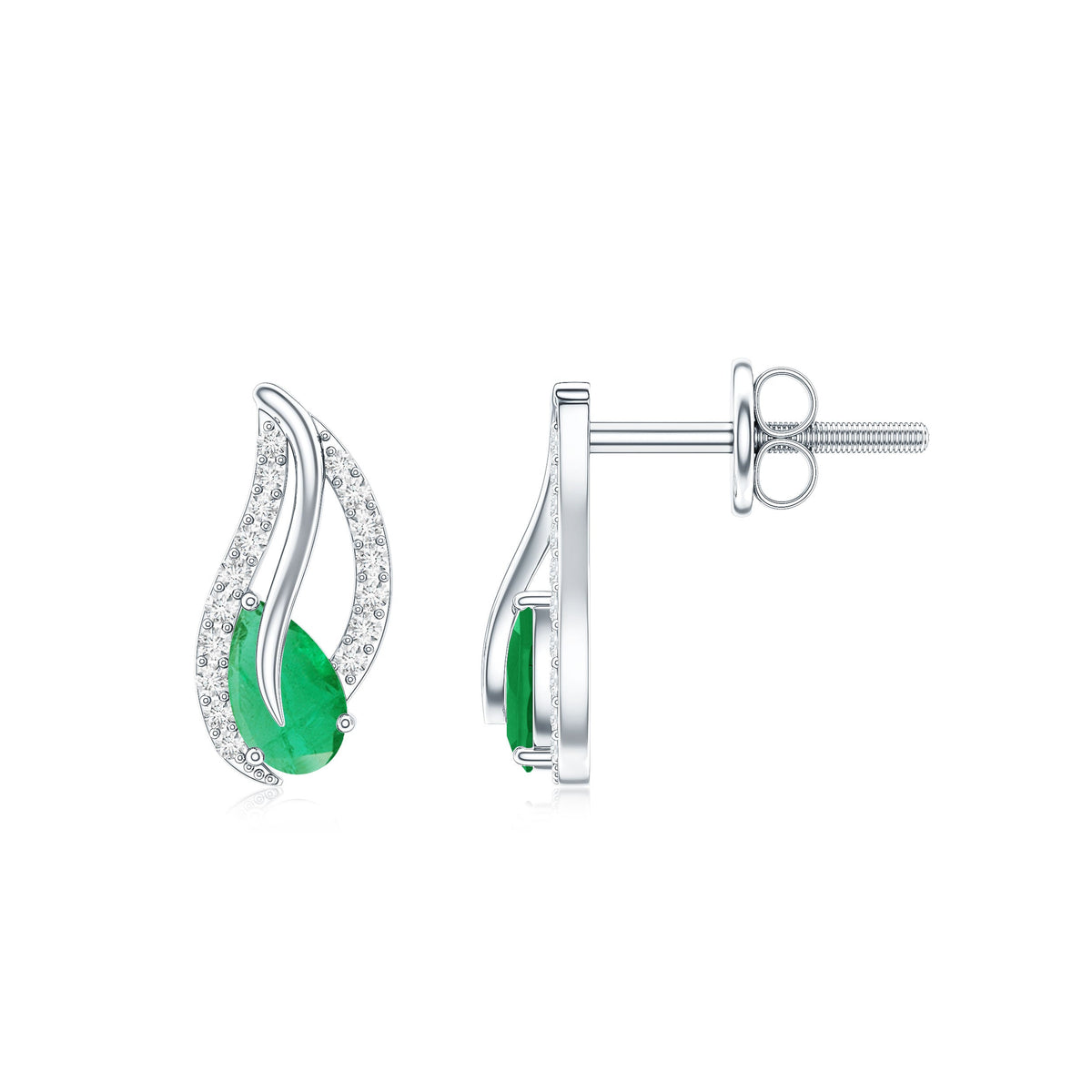 Genuine emerald leaf earrings with diamond accents from Rosec Jewels, featuring detailed leaf-shaped design and sparkling gemstones.