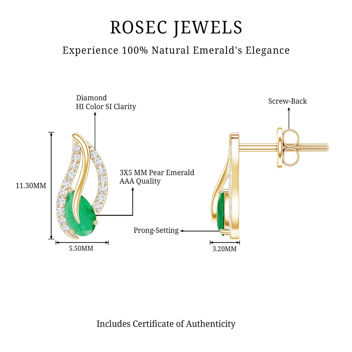 Genuine emerald leaf earrings with diamond accents from Rosec Jewels, featuring intricate leaf design and sparkling gemstones.