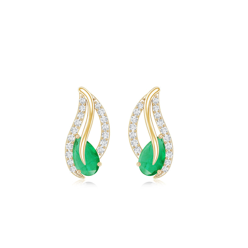 Genuine emerald leaf earrings with diamond accents by Rosec Jewels, showcasing detailed leaf design and sparkling gemstones.