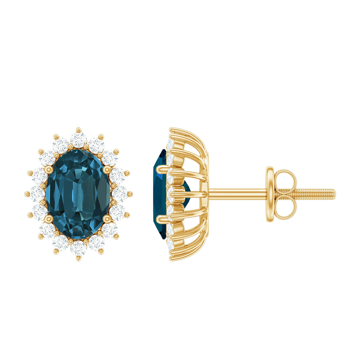 Oval cut London Blue Topaz and diamond starburst stud earrings by Rosec Jewels featuring 1.75 CT gemstone and sparkling accents.