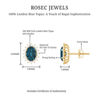 Rosec Jewels 1.75 CT oval cut London Blue Topaz and diamond starburst stud earrings, featuring sparkling gemstones and intricate design.