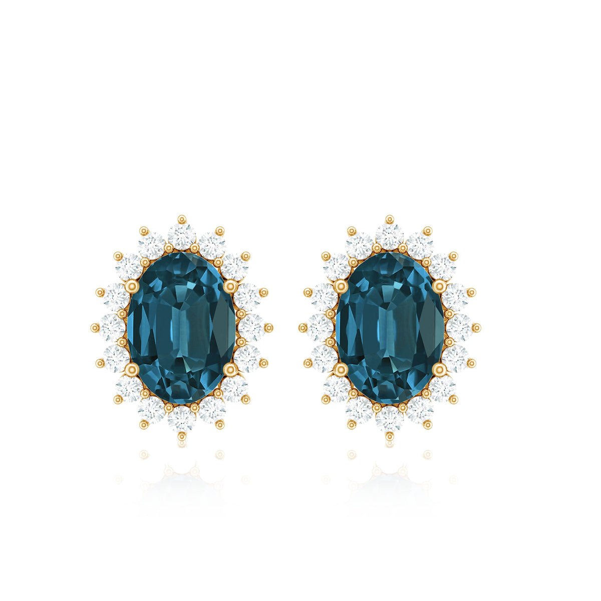 Oval cut London Blue Topaz and diamond starburst stud earrings by Rosec Jewels featuring sparkling gemstones and intricate design.