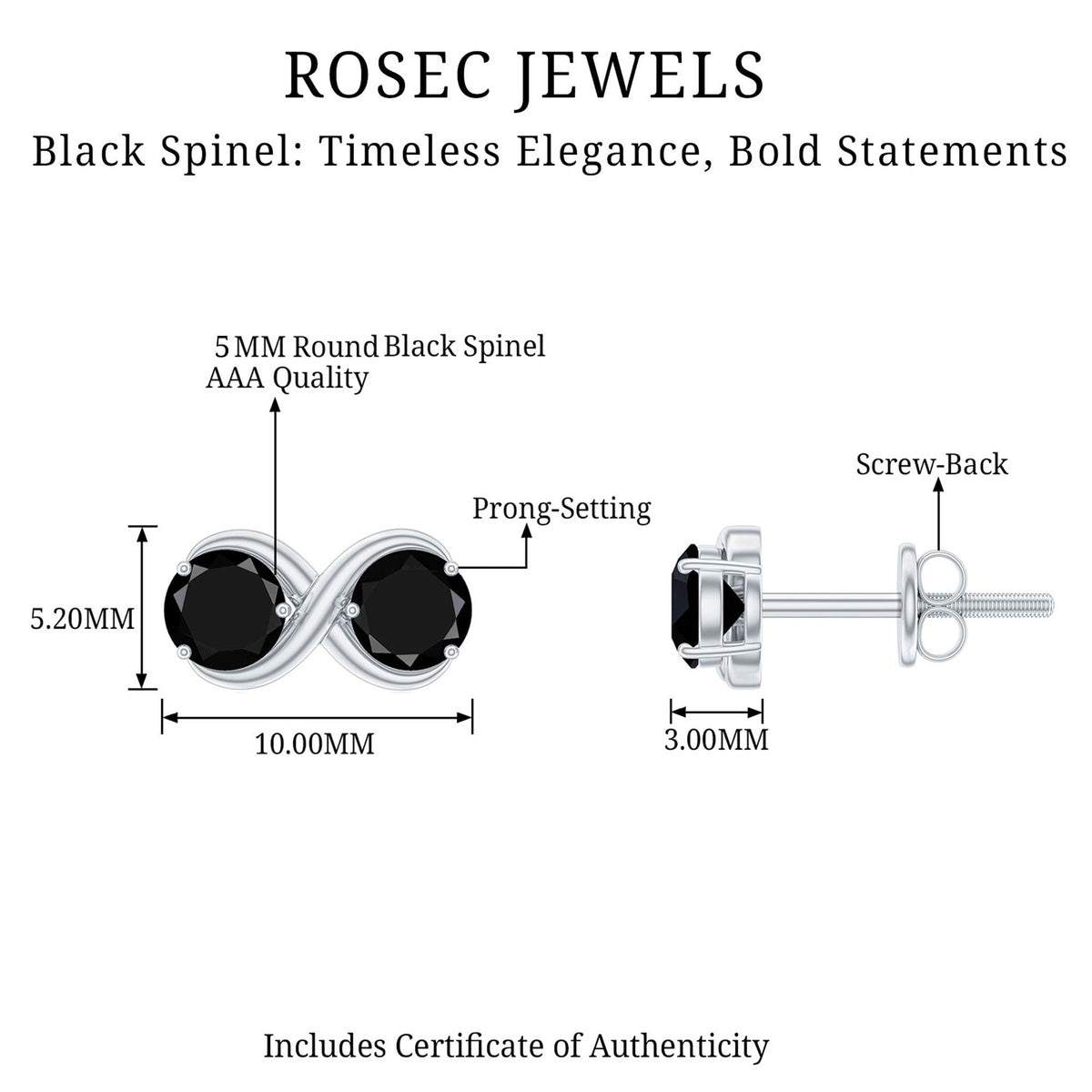Genuine Black Spinel two-stone infinity stud earrings by Rosec Jewels, featuring polished black spinel gemstones on silver posts.