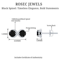 Genuine Black Spinel two-stone infinity stud earrings by Rosec Jewels, featuring polished black spinel gemstones on silver posts.