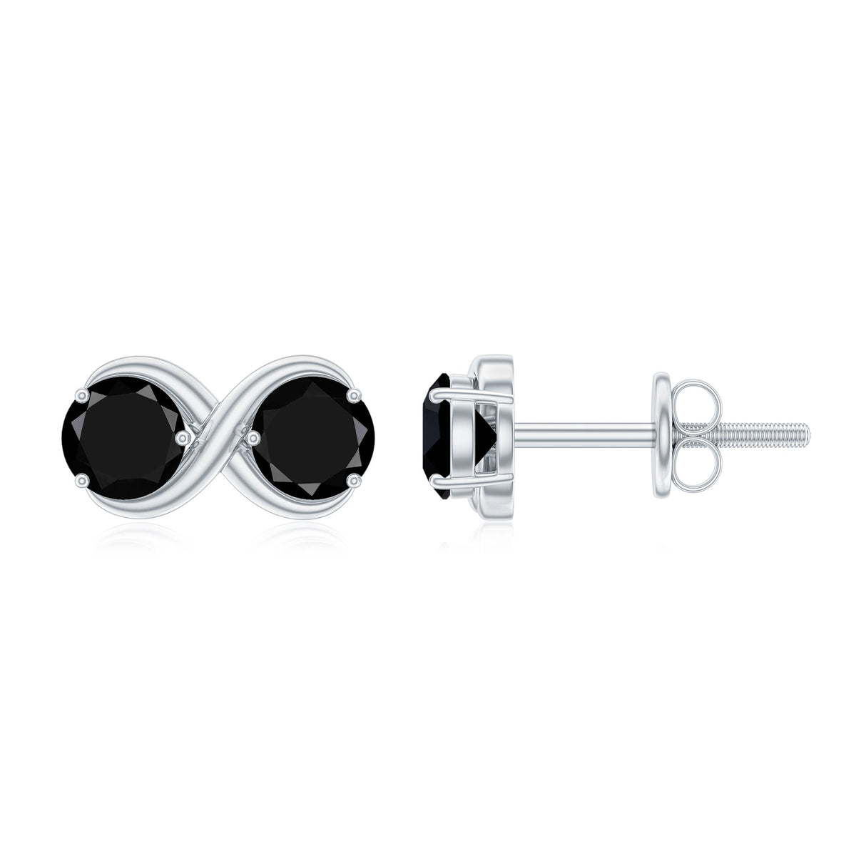 Genuine black spinel two-stone infinity stud earrings by Rosec Jewels featuring sparkling black gemstones on silver settings