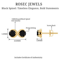 Genuine black spinel two-stone infinity stud earrings by Rosec Jewels, featuring sleek silver setting and sparkling black gemstones.
