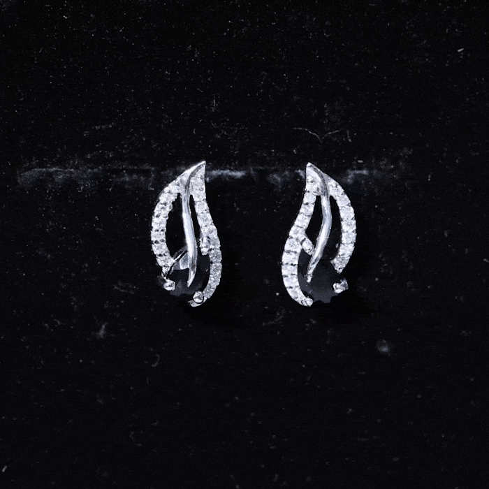 Pear-shaped black onyx leaf stud earrings by Rosec Jewels featuring genuine gemstones and a certificate of authenticity.