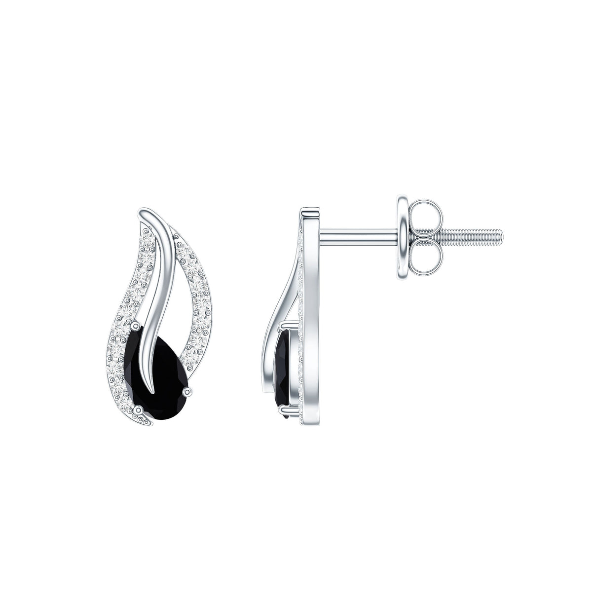 Genuine black onyx pear-shaped leaf stud earrings by Rosec Jewels with certificate, featuring polished black gemstone and silver setting.