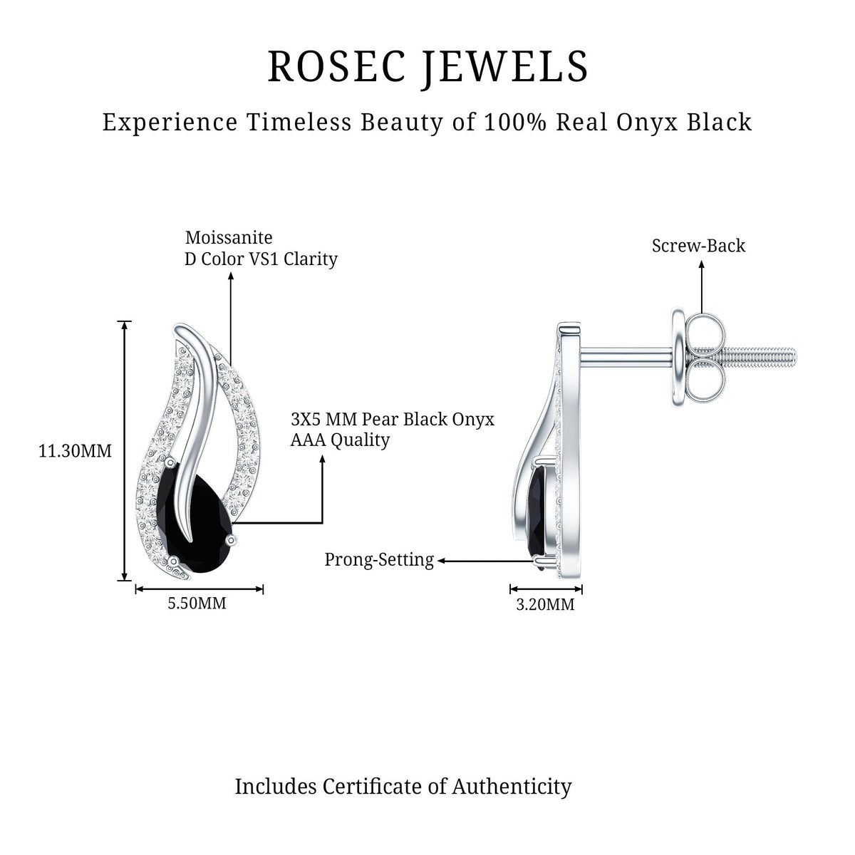 Genuine black onyx pear-shaped leaf stud earrings from Rosec Jewels with certificate, showcasing elegant black gemstone details.