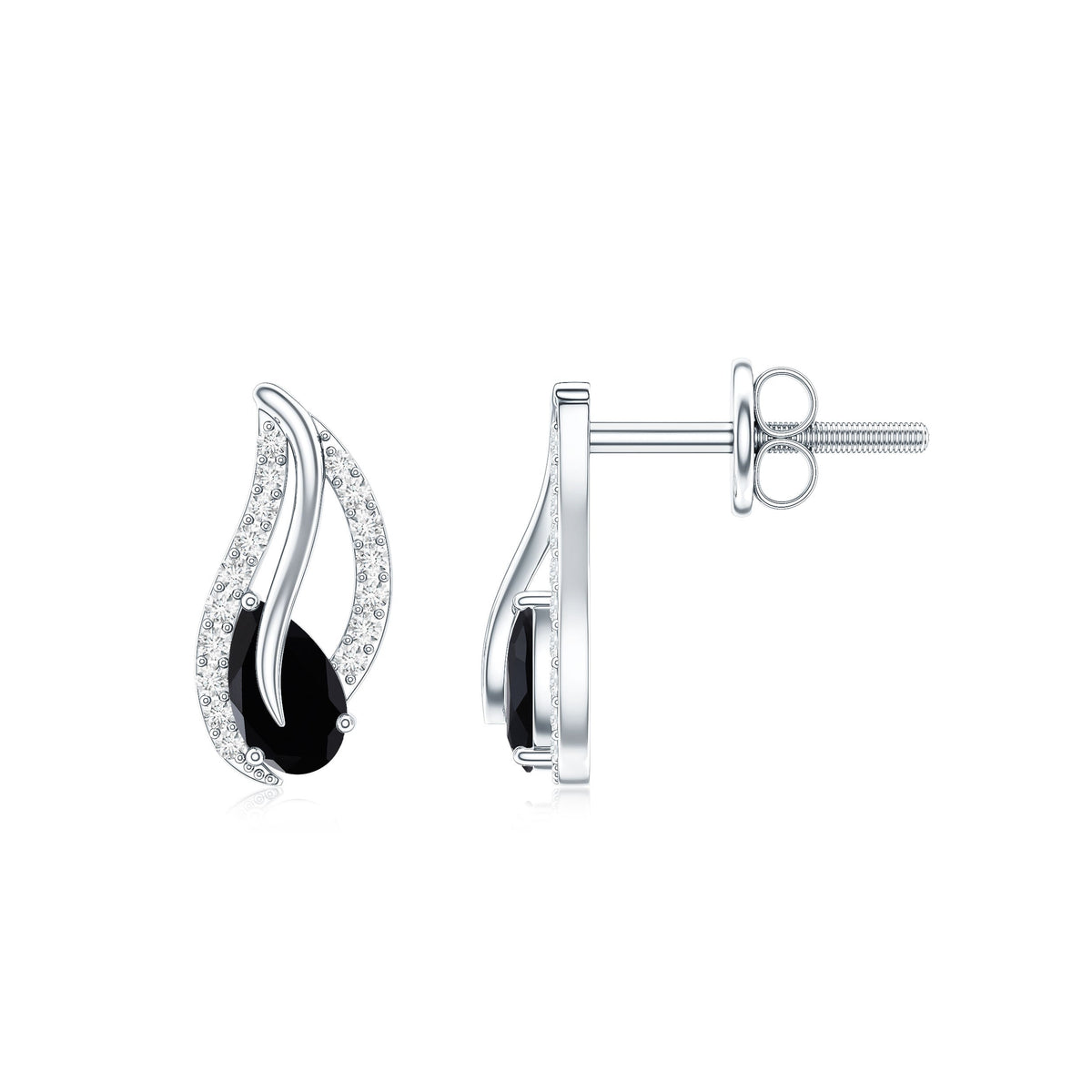 Genuine pear-shaped black onyx leaf stud earrings from Rosec Jewels featuring a certificate of authenticity.