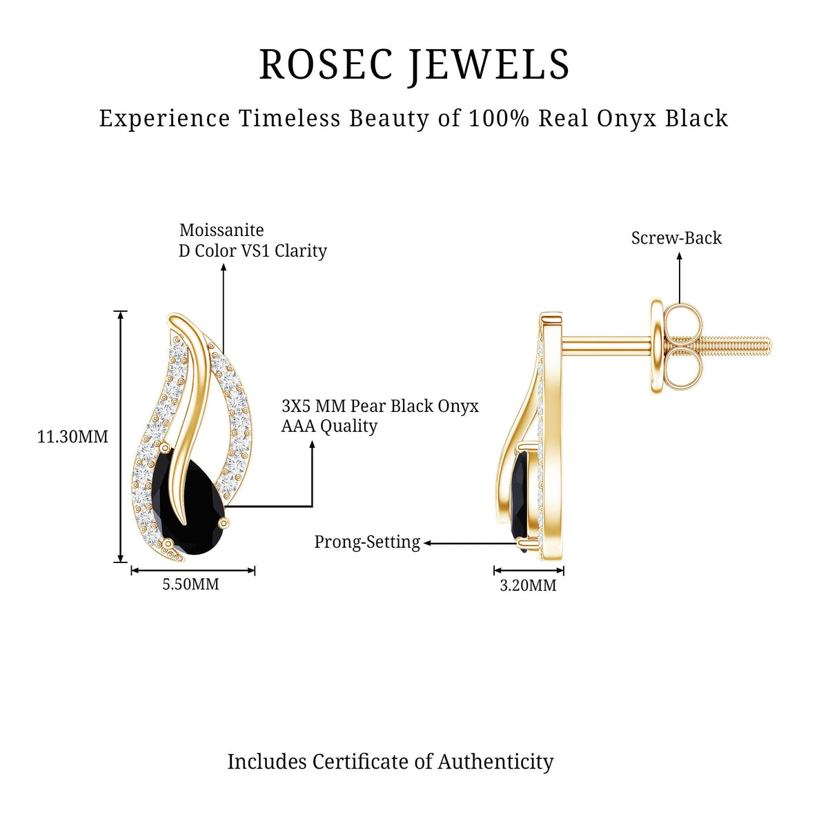 Genuine black onyx pear-shaped leaf stud earrings by Rosec Jewels, featuring a certificate of authenticity.