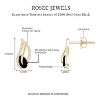 Genuine black onyx pear-shaped leaf stud earrings by Rosec Jewels, featuring a certificate of authenticity.
