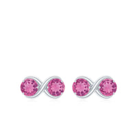 Natural pink tourmaline 2-stone stud earrings with screw back from Rosec Jewels, showcasing sparkling pink gemstones and secure closure.
