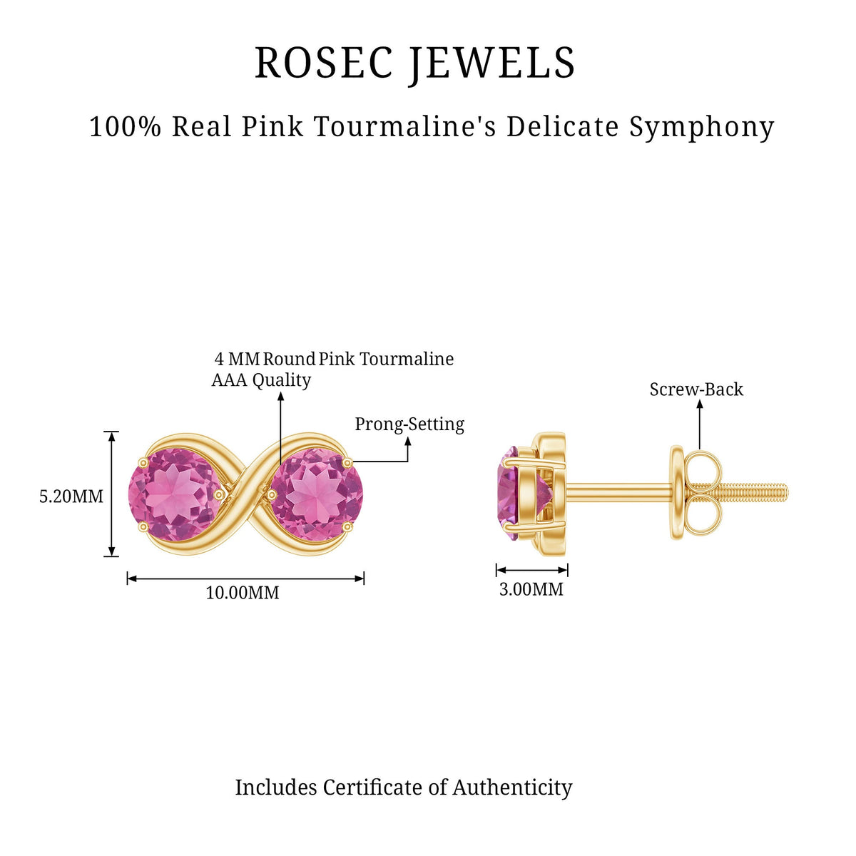 Natural pink tourmaline 2-stone stud earrings with screw back from Rosec Jewels, featuring vibrant pink gemstones and secure fastening.