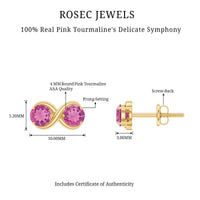 Natural pink tourmaline 2-stone stud earrings with screw back from Rosec Jewels, featuring vibrant pink gemstones and secure fastening.
