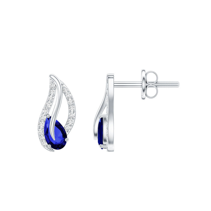 Rosec Jewels 1 Carat lab-grown blue sapphire leaf earrings with sparkling moissanite accents, featuring elegant nature-inspired design.