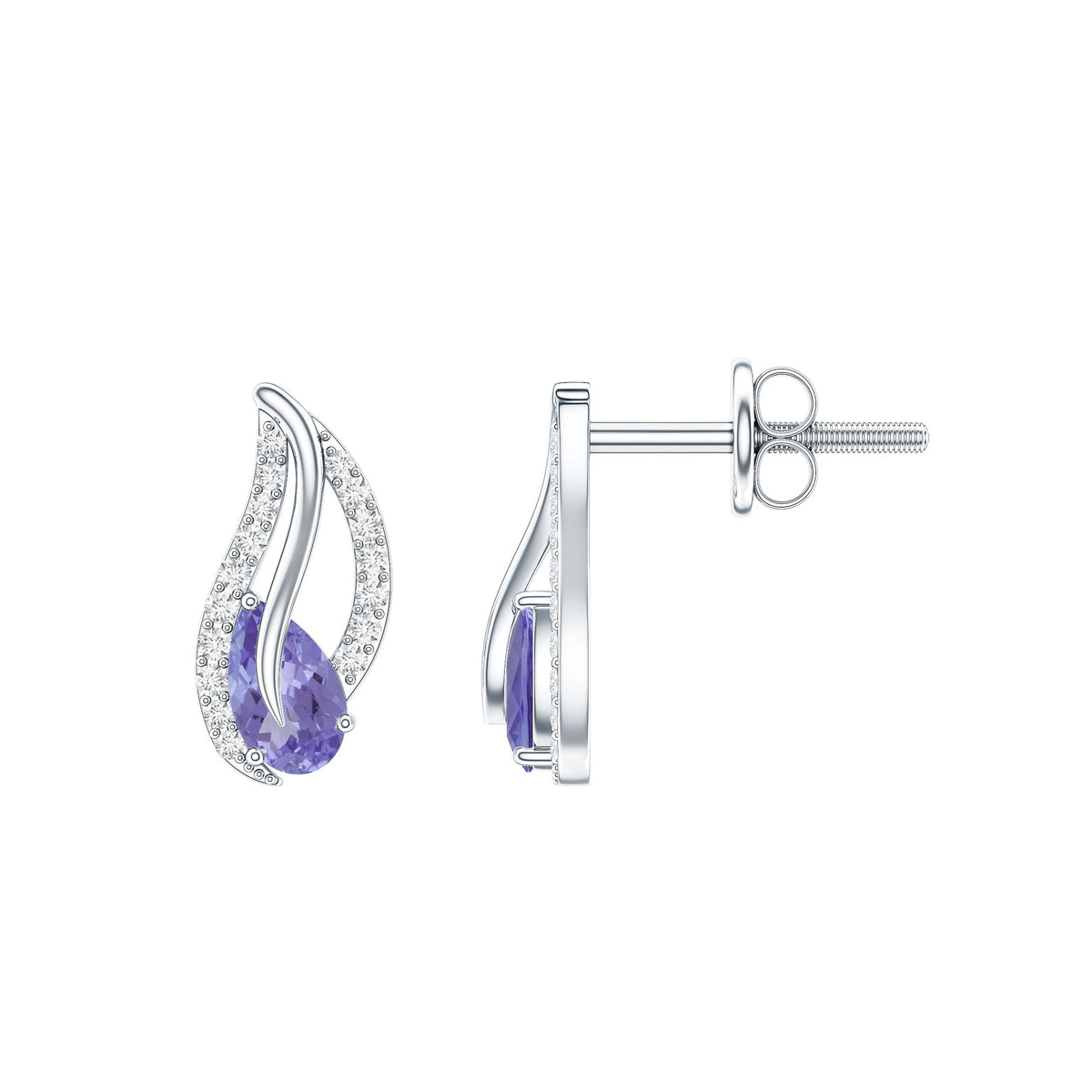 Pear-shaped Tanzanite and diamond leaf stud earrings featuring elegant jewelry design by Rosec Jewels.