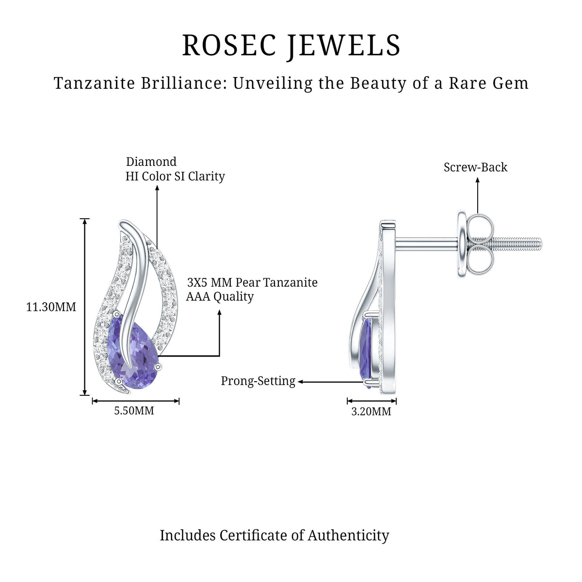 Pear-shaped tanzanite and diamond leaf stud earrings by Rosec Jewels featuring elegant gemstone and sparkling diamond details.
