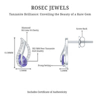 Pear-shaped tanzanite and diamond leaf stud earrings by Rosec Jewels featuring elegant gemstone and sparkling diamond details.