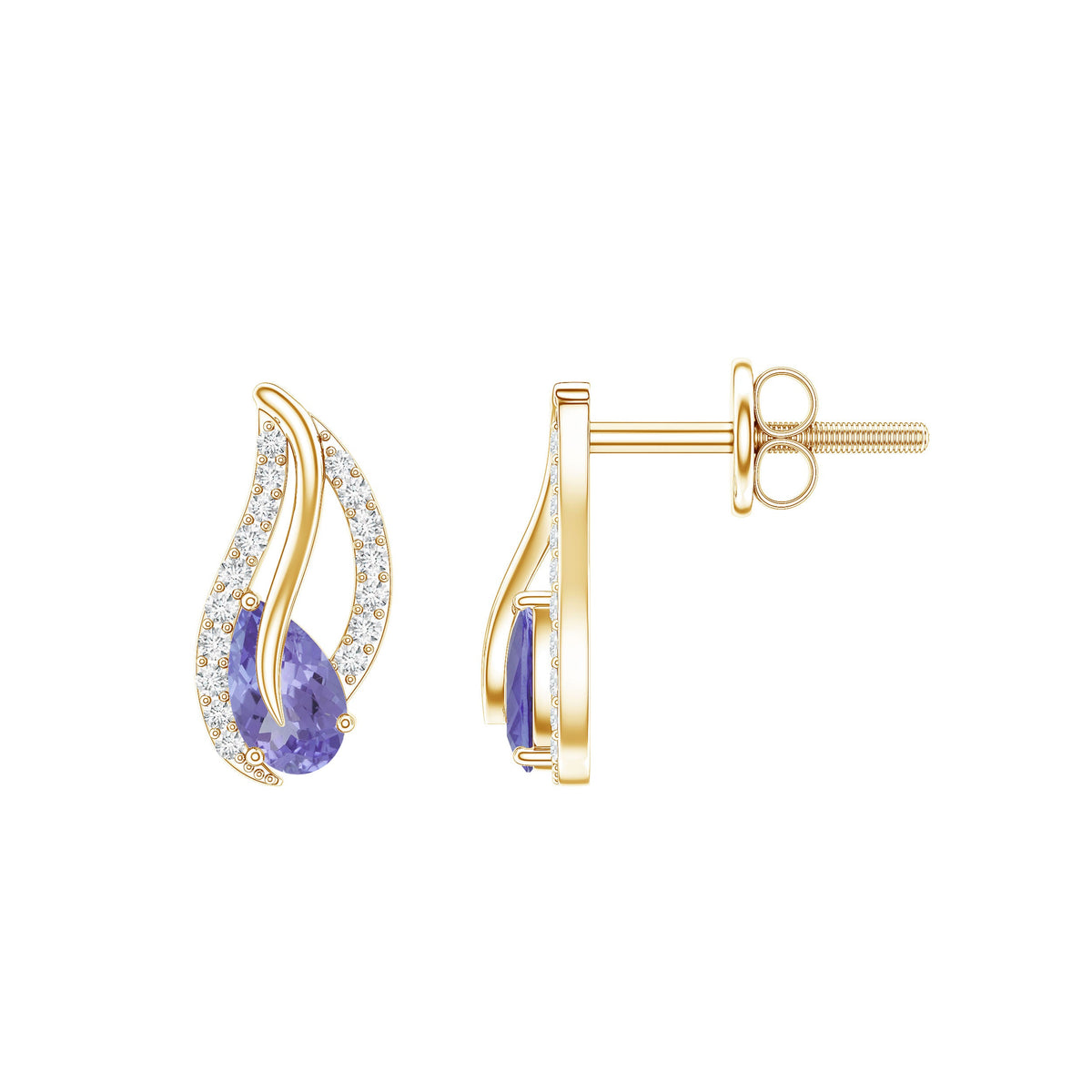 Pear-shaped Tanzanite and diamond leaf stud earrings by Rosec Jewels featuring elegant gemstone and sparkling diamond details.