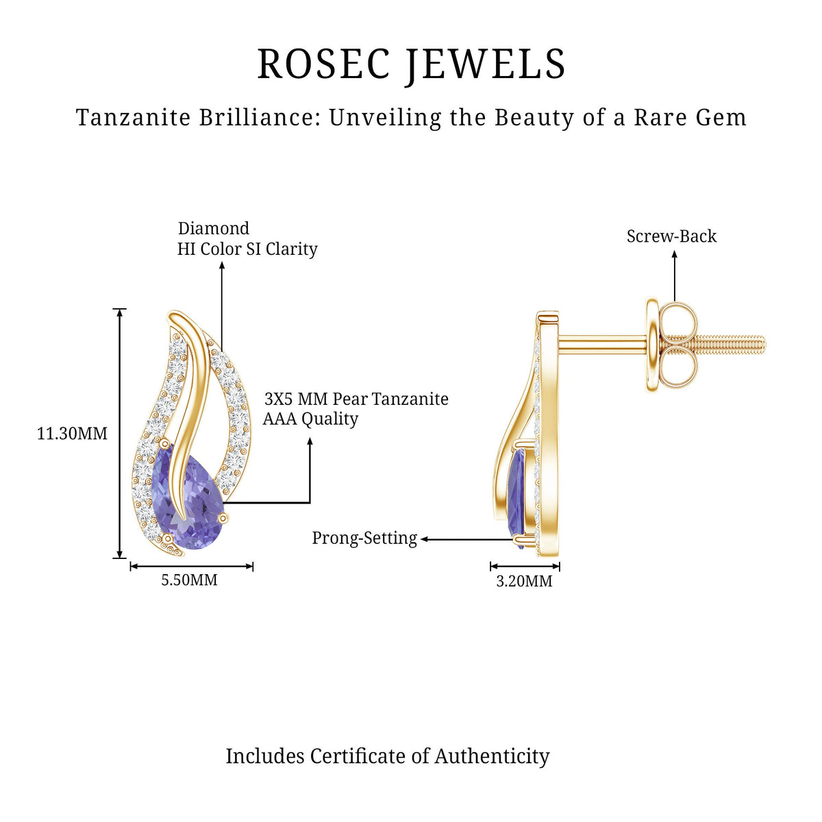 Pear shape Tanzanite and diamond leaf stud earrings by Rosec Jewels featuring elegant gemstone and sparkle details.