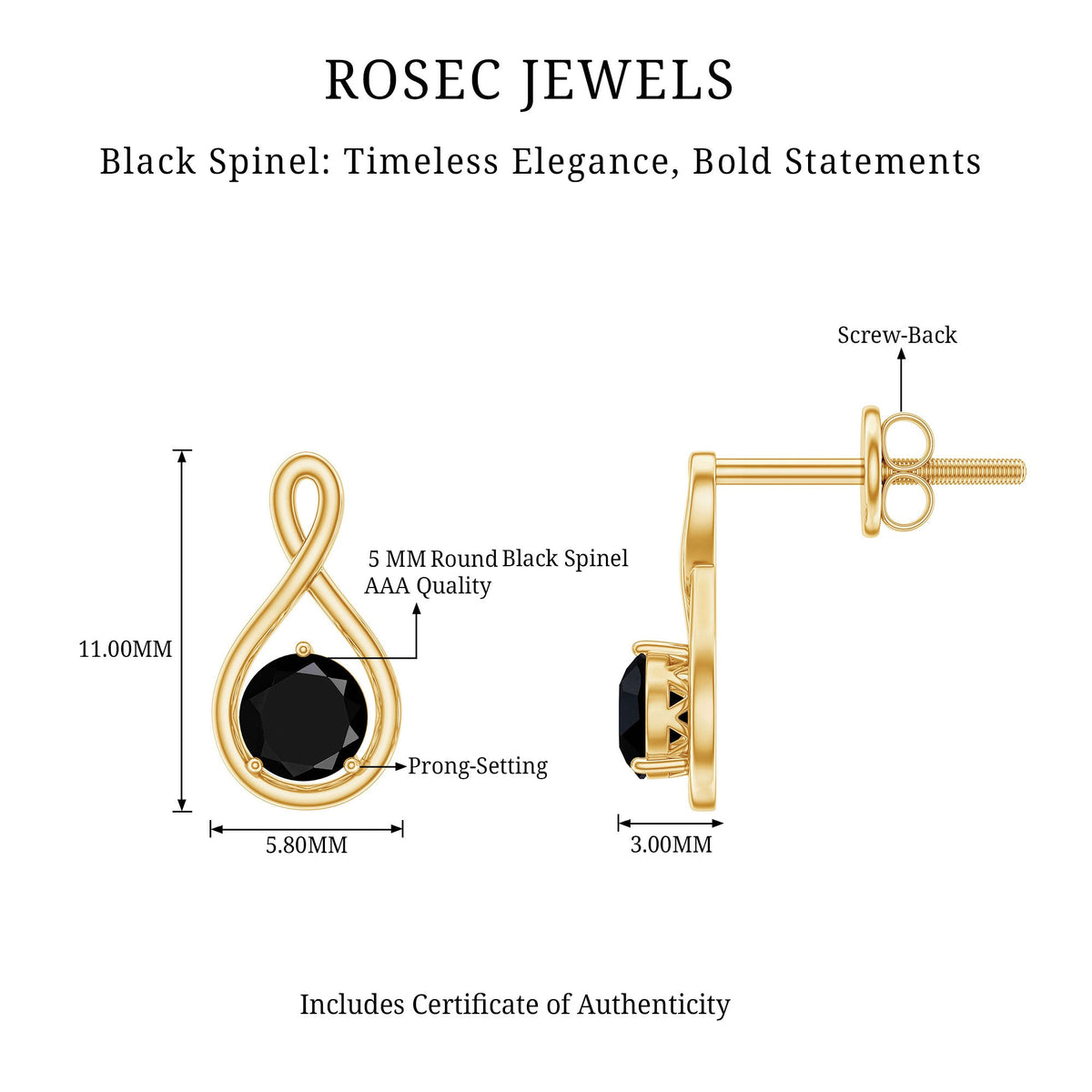 Certified Real Black Spinel Infinity Earrings with Screw Back