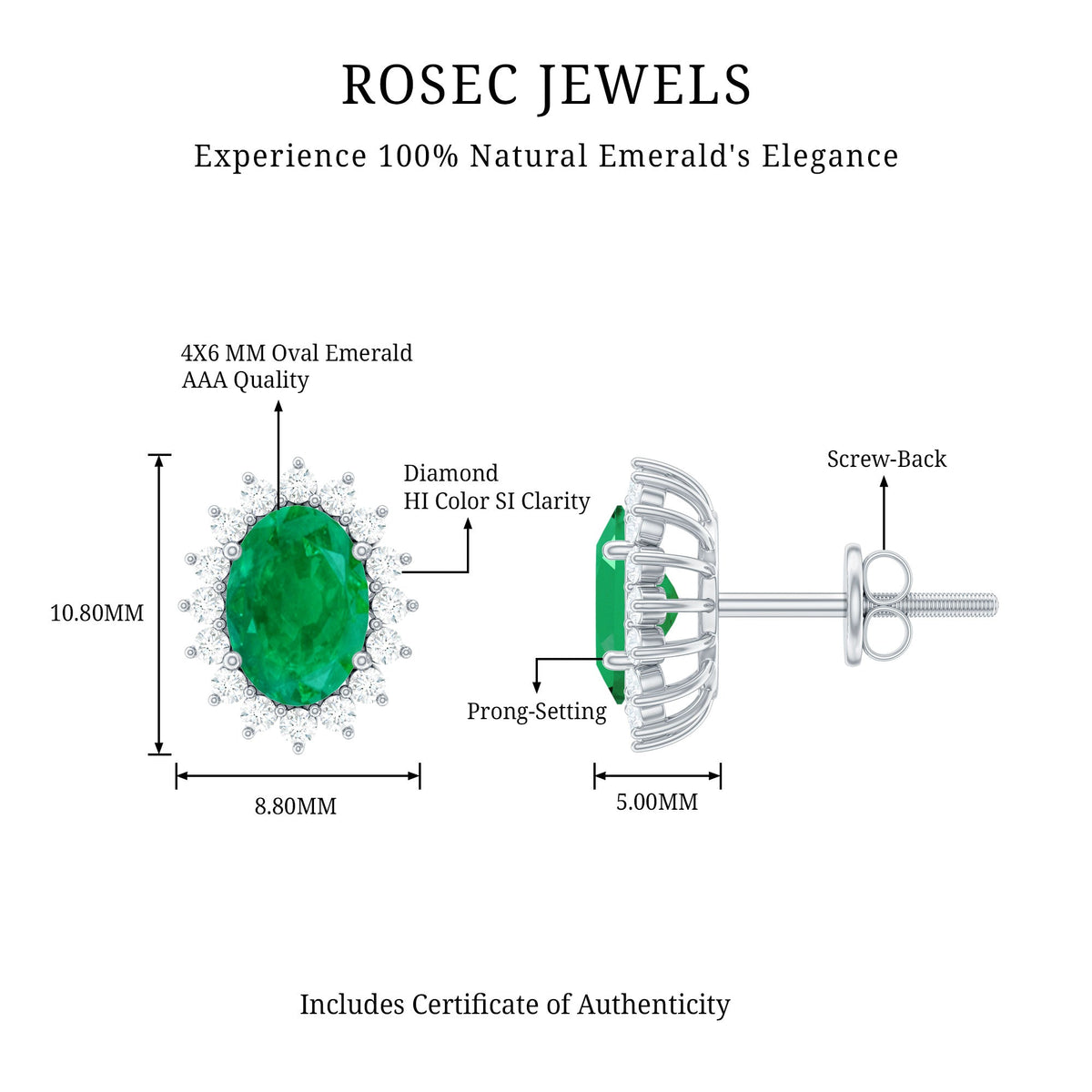 Natural 0.8 carat oval cut emerald and diamond earrings by Rosec Jewels, featuring elegant gemstone and diamond settings.