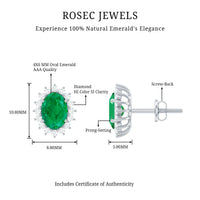 Natural 0.8 carat oval cut emerald and diamond earrings by Rosec Jewels, featuring elegant gemstone and diamond settings.