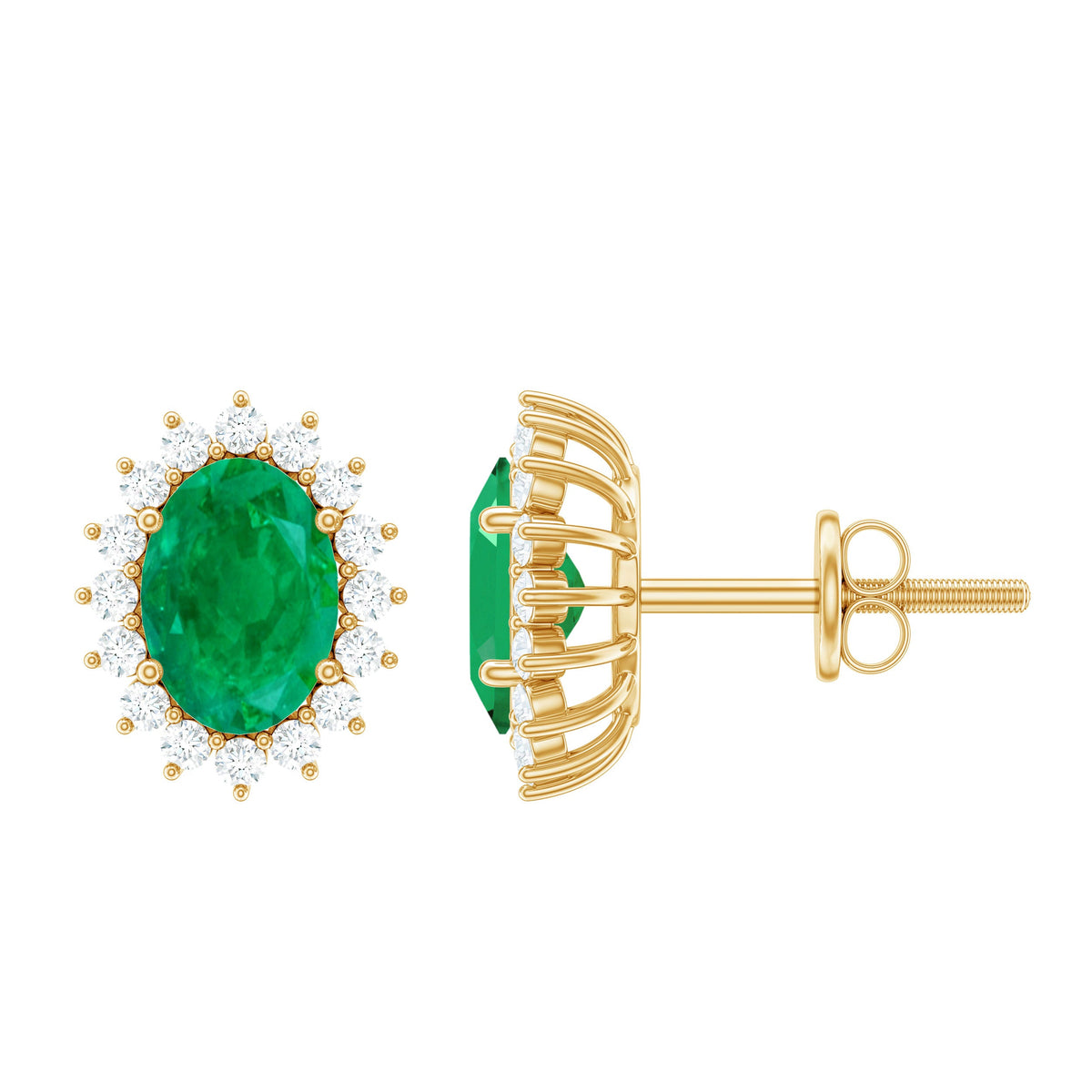 Natural 0.8 carat oval cut emerald and diamond earrings by Rosec Jewels, featuring elegant gemstone settings and sparkling accents.