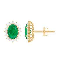Natural 0.8 carat oval cut emerald and diamond earrings by Rosec Jewels, featuring elegant gemstone settings and sparkling accents.