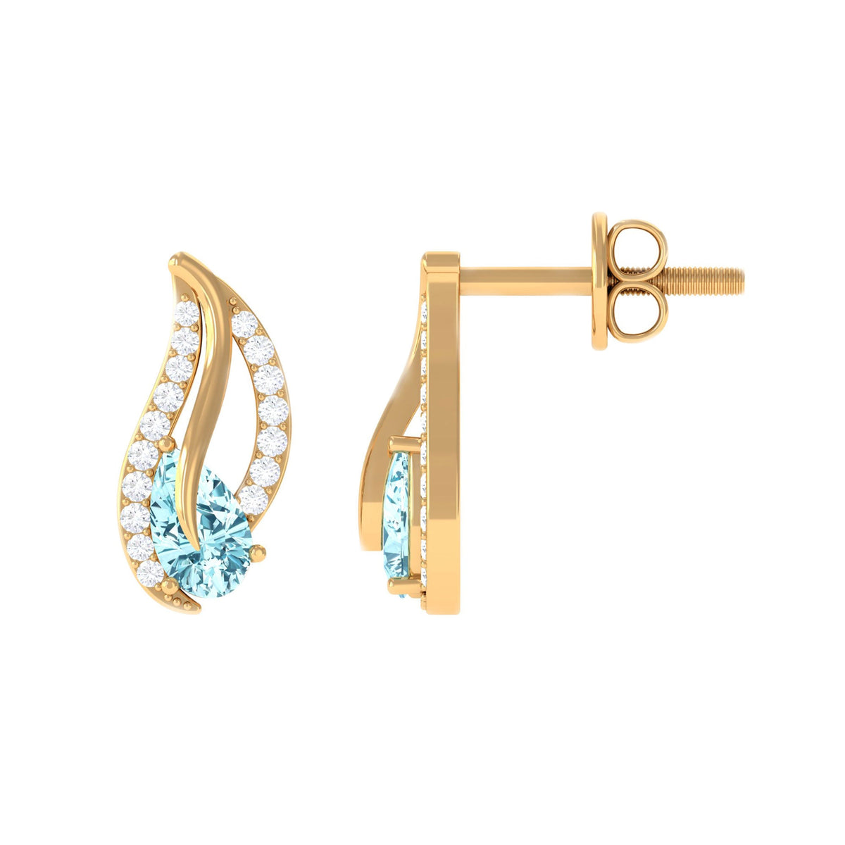 Certified real aquamarine leaf earrings with diamond accents, featuring elegant jewelry design in rose gold by Rosec Jewels.