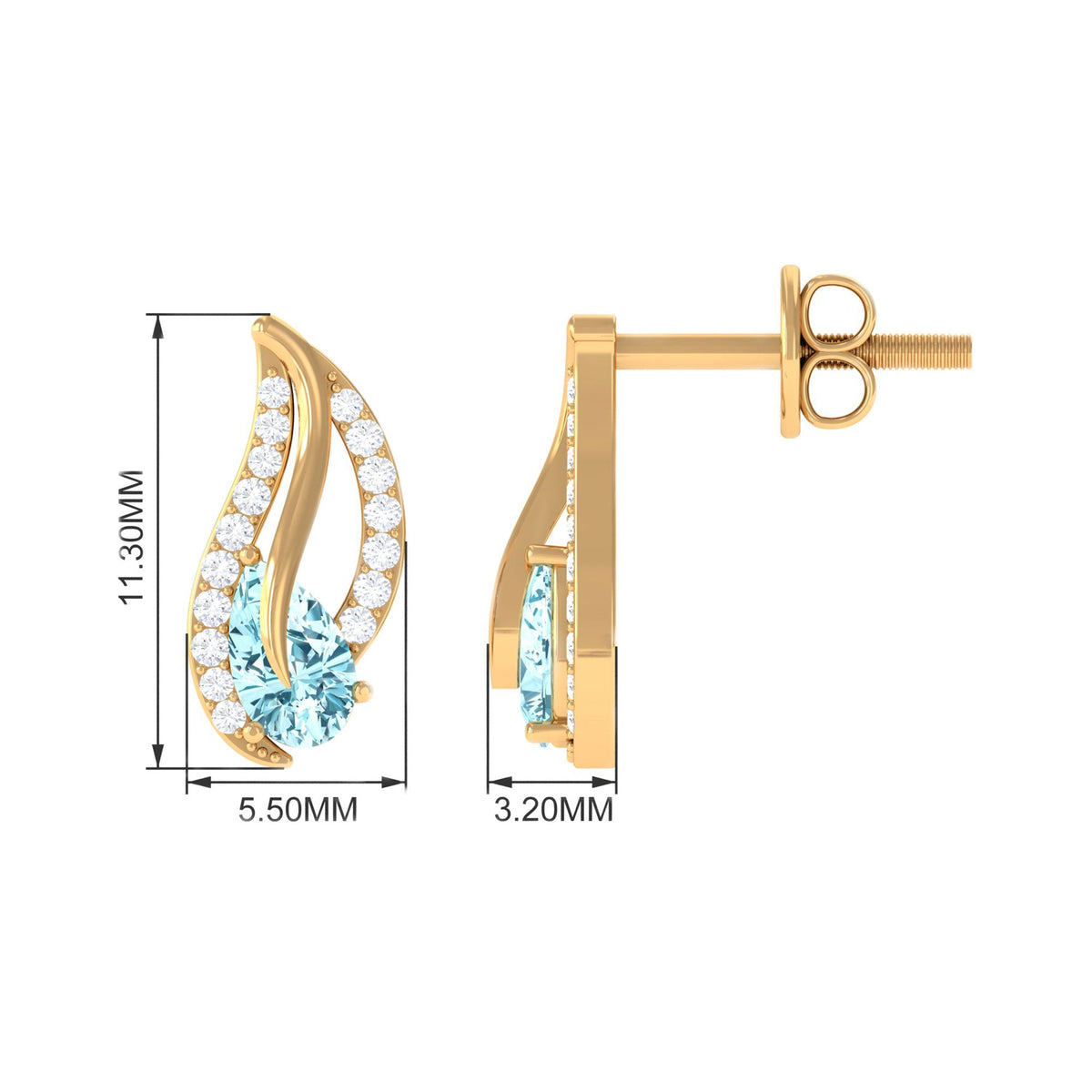 Certified real aquamarine leaf earrings with diamonds from Rosec Jewels, featuring elegant gemstone and diamond accents.