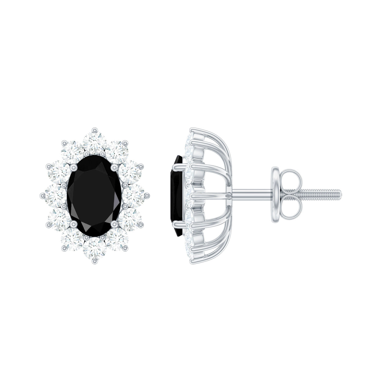 Certified real oval black onyx stud earrings with diamond halo from Rosec Jewels, showcasing elegant black onyx and sparkling diamonds.