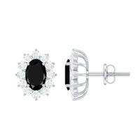 Certified real oval black onyx stud earrings with diamond halo from Rosec Jewels, showcasing elegant black onyx and sparkling diamonds.