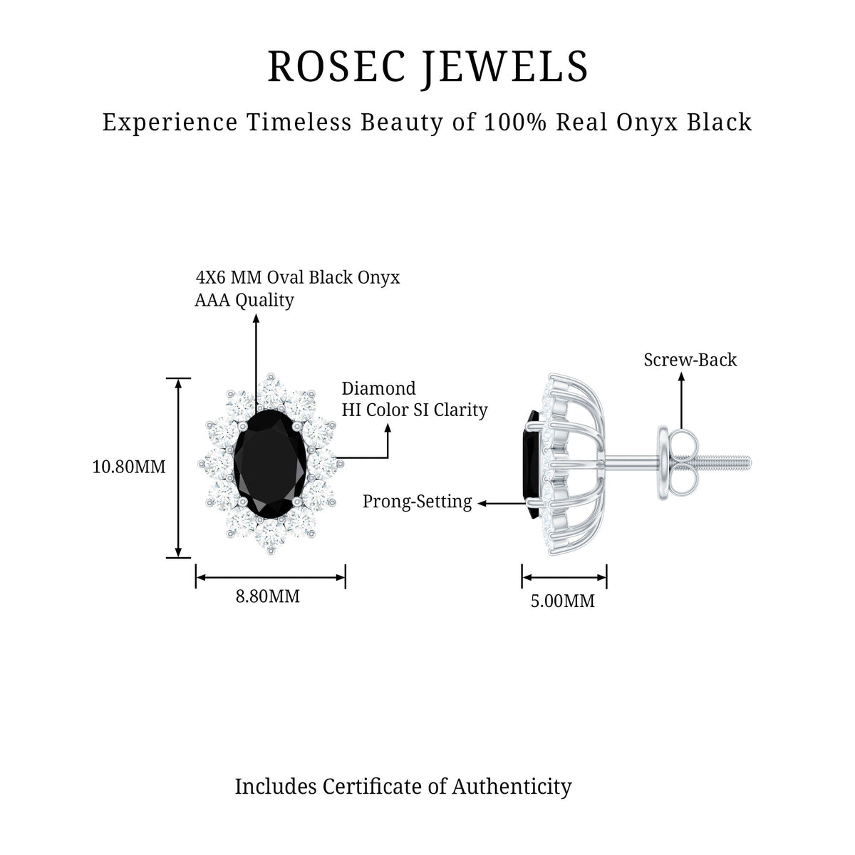 Certified real oval black onyx stud earrings with diamond halo by Rosec Jewels, showcasing elegant black gemstone and sparkling diamonds.