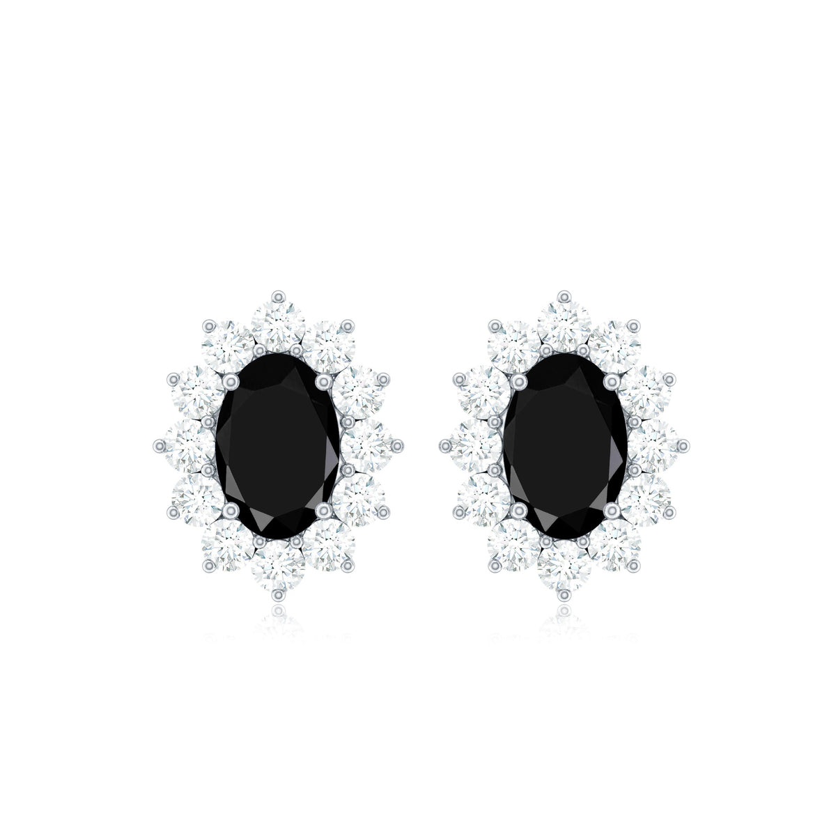 Certified real oval black onyx stud earrings with diamond halo by Rosec Jewels, featuring a sleek black gemstone and sparkling accents.
