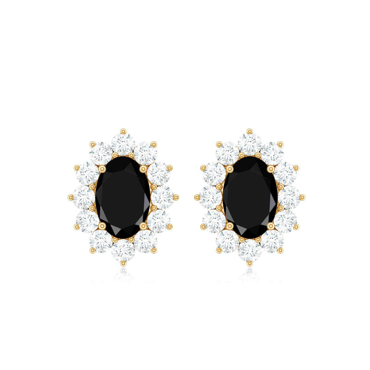 Certified real oval black onyx stud earrings with diamond halo from Rosec Jewels, showcasing the elegant jewelry design.