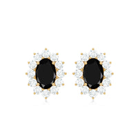 Certified real oval black onyx stud earrings with diamond halo from Rosec Jewels, showcasing the elegant jewelry design.