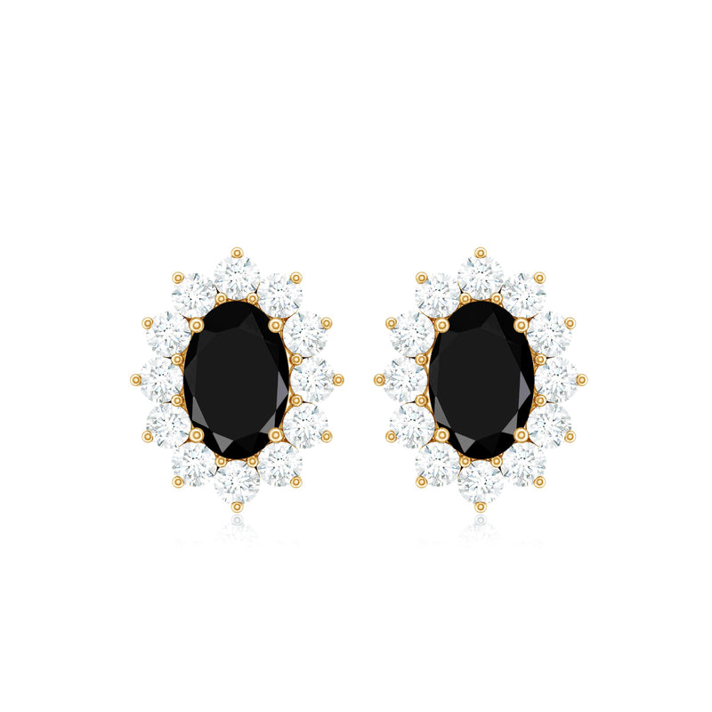 Certified real oval black onyx stud earrings with diamond halo from Rosec Jewels, showcasing the elegant jewelry design.