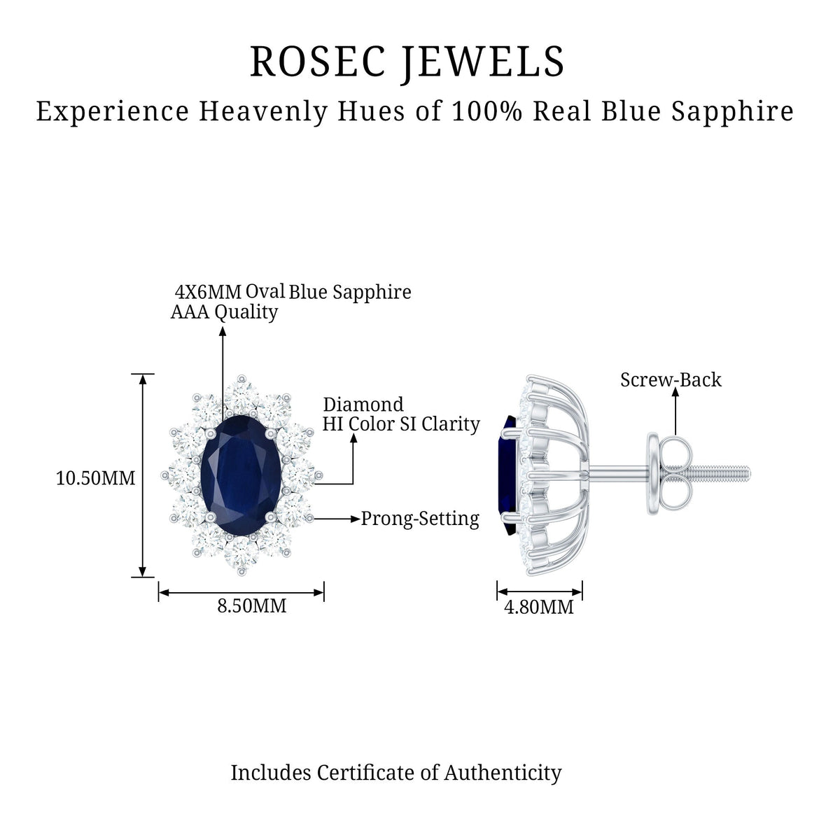 Blue sapphire stud earrings with diamond halo, elegant jewelry design by Rosec Jewels, showcasing sparkling gemstones and intricate setting.
