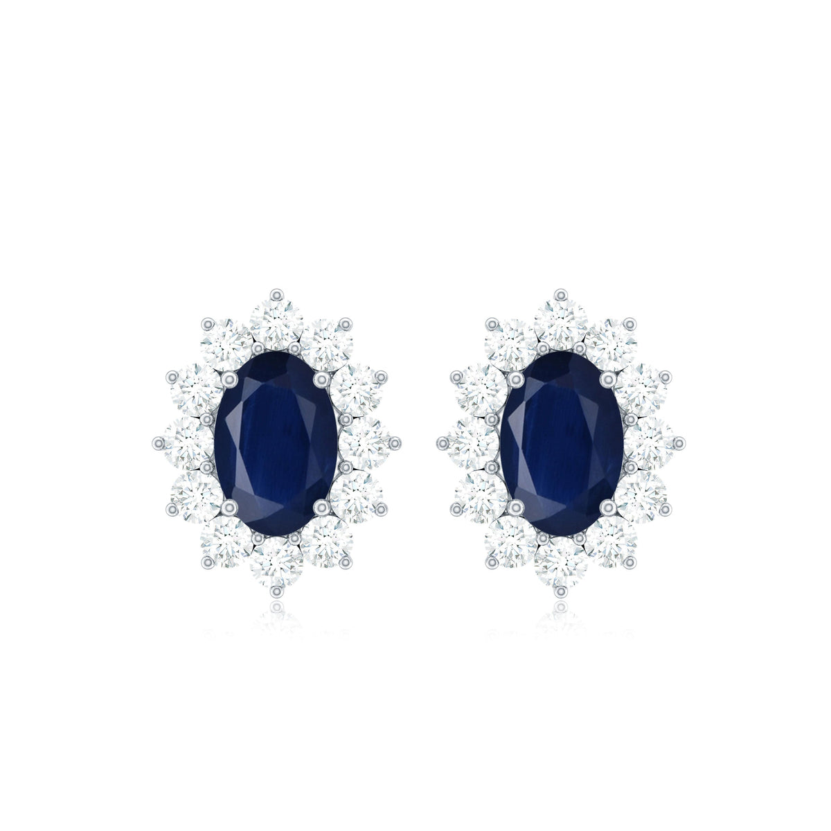 Rosec Jewels classic blue sapphire stud earrings with diamond halo, featuring sparkling blue sapphires and elegant diamond accents.