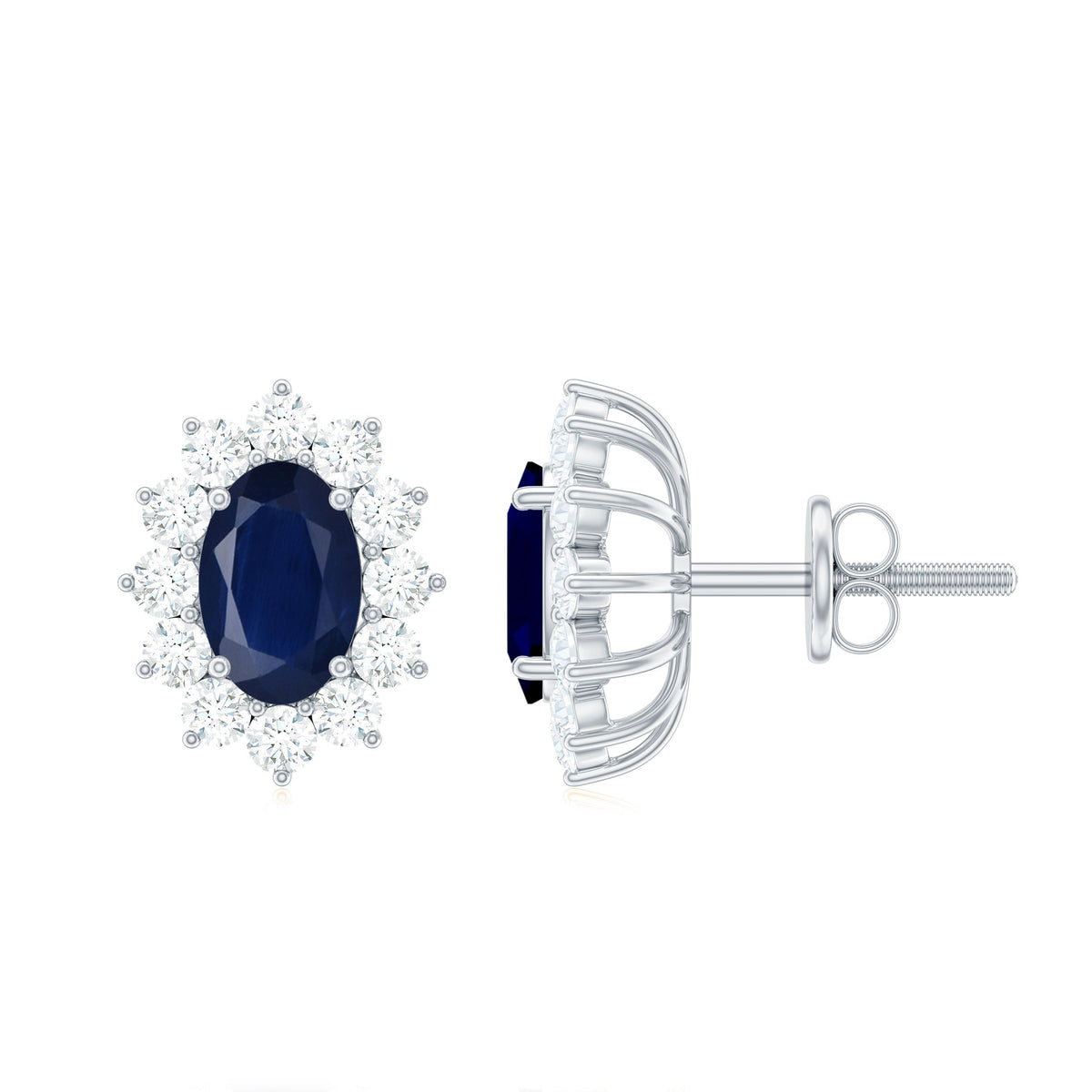 Rosec Jewels classic blue sapphire stud earrings with diamond halo, showcasing elegant blue sapphires and sparkling diamonds.