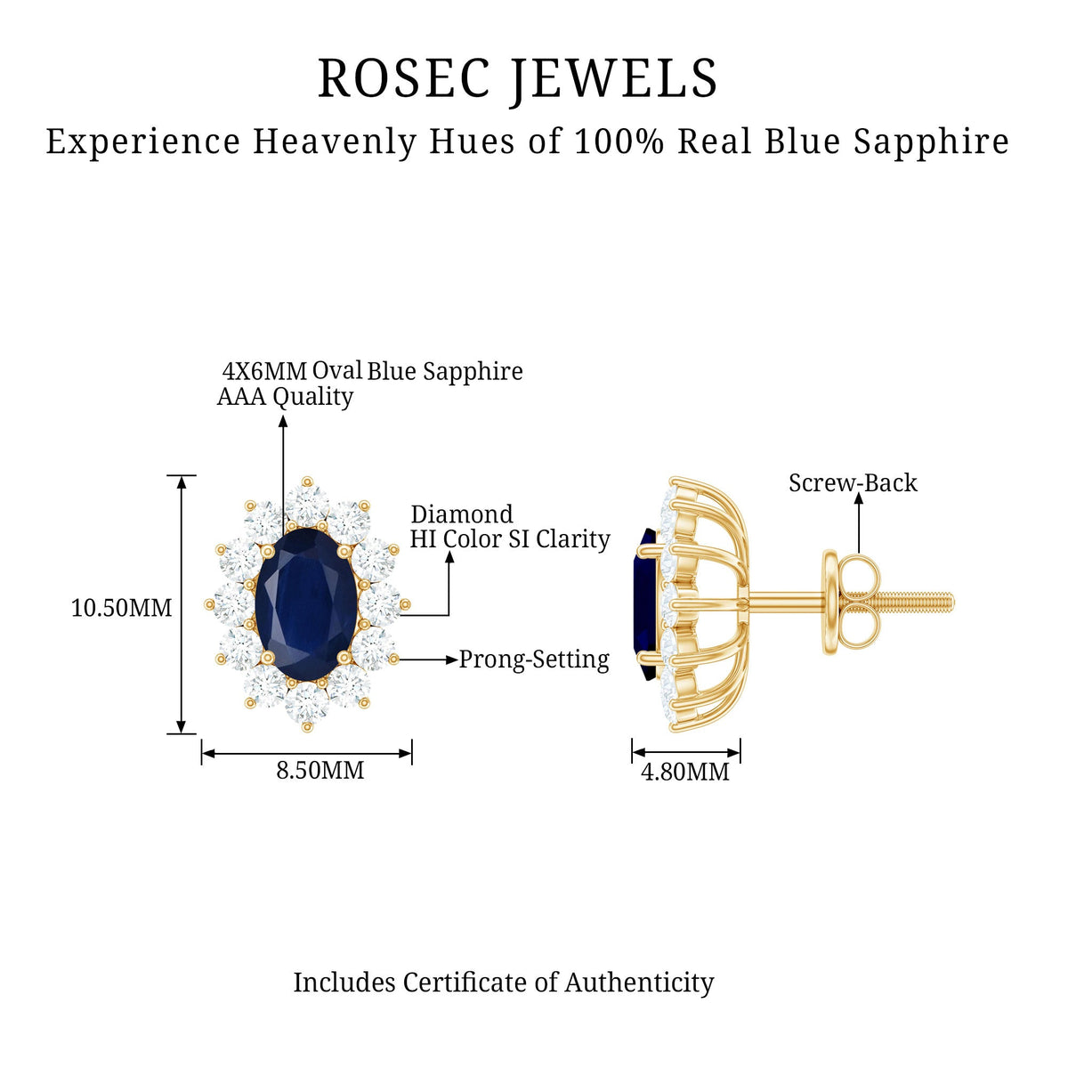 Blue sapphire stud earrings with diamond halo by Rosec Jewels, showcasing elegant gemstone and sparkling diamond accents.