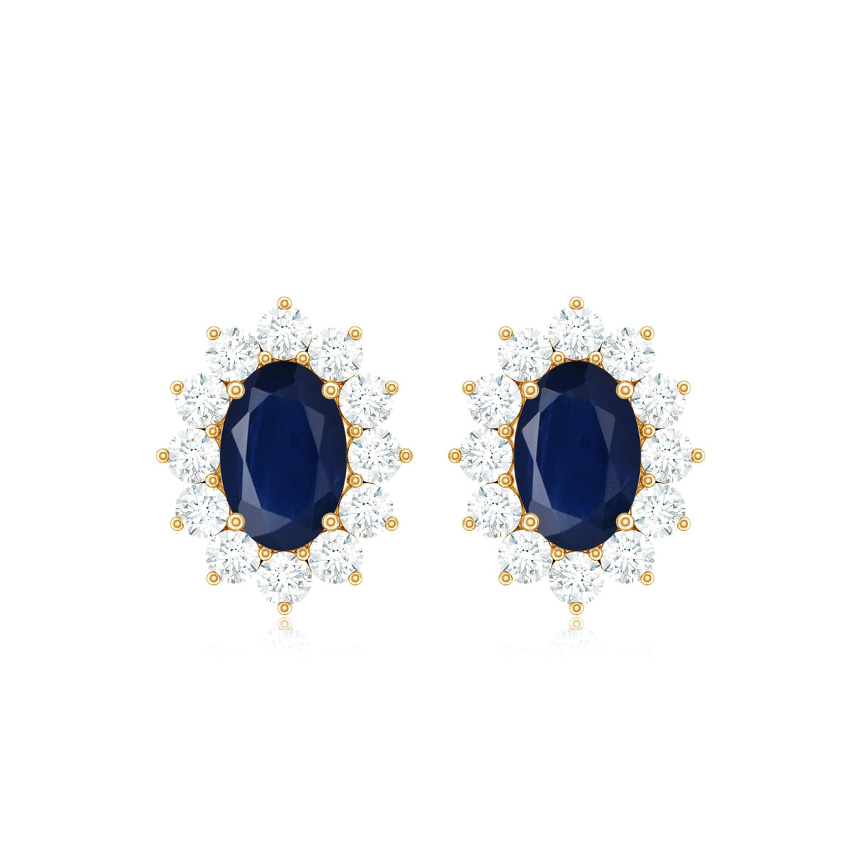 Blue sapphire stud earrings with diamond halo, featuring elegant Rosec Jewels craftsmanship and classic jewelry design.