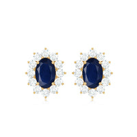 Blue sapphire stud earrings with diamond halo, featuring elegant Rosec Jewels craftsmanship and classic jewelry design.