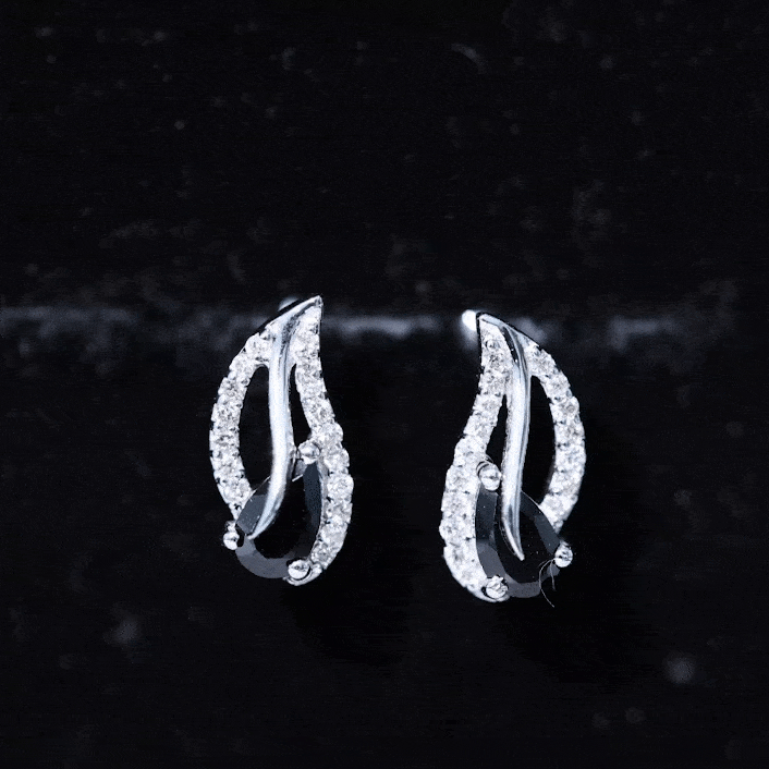 Pear-shaped black spinel and diamond leaf stud earrings from Rosec Jewels, featuring elegant jewelry design and fine craftsmanship.
