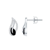 Pear-shaped black spinel and diamond leaf stud earrings by Rosec Jewels featuring elegant gemstone and metal design.