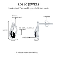 Pear-shaped black spinel and diamond leaf stud earrings by Rosec Jewels featuring elegant gemstone and metal design.