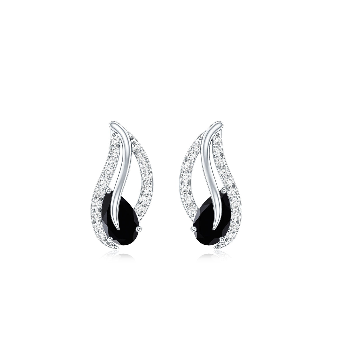 Pear-shaped black spinel and diamond leaf stud earrings by Rosec Jewels, featuring elegant gemstone and metal details.